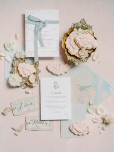 a wedding invitation flat-lay for a wedding in Italy