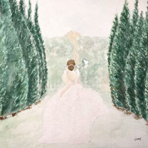 a live painters and wedding guest illustrators courtney kibby's watercolor painting of a bride running away from the camera in italy