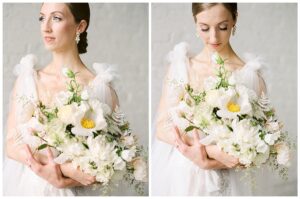 bride holding flowers in a white brick studio in tacoma washington