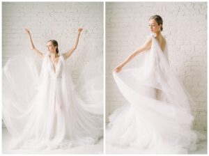 a bride swirling her wedding dress in a white brick studio in tacoma washington