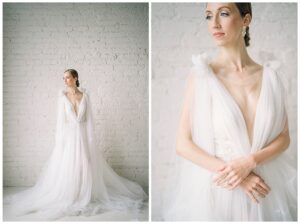 a bride in a tulle wedding gown looking away from the camera in a white brick studio in tacoma washington