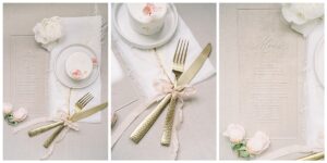 a gold fork and knife near a small wedding cake and clear wedding menu