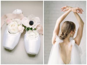 white ballet wedding shoes and a bride with her arms up in the air