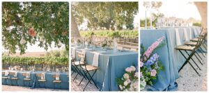 a blue wedding reception table under a tree with chandeliers in the trees