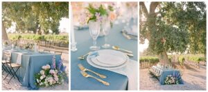 a blue wedding reception table under a tree with chandeliers in the trees