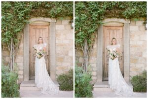 a bride holding flowers in a doorway at sunstone winery