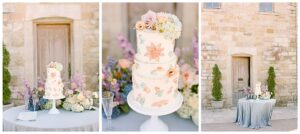 a wedding cake on a table with flowers on it at sunstone winery
