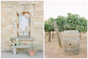 hats hanging on a wall and a wine barrel in the vineyards at sunstone winery