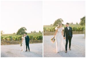 a bride and groom kissing and walking in the vineyards at their wedding at sunstone winery during sunset