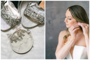 a bride putting her earrings on