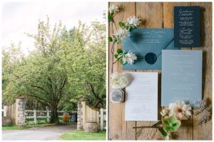 trees with a wine barrel and a wedding flatlay with blue hues of paper
