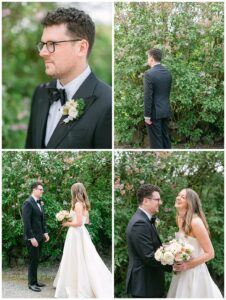 a bride and groom looking at each other and laughing