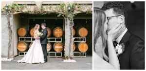 a bride and groom in front of wine barrels at their chateau lill wedding