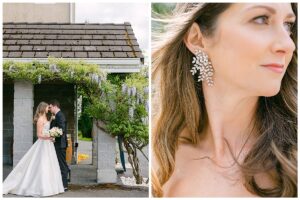 a bride and groom faving each other in front of chateau lill