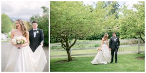 a bride and groom walking in an orchard