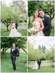 a bride and grooms posing for the camera in an orchard at cheatu lill