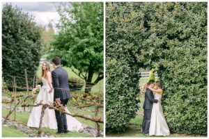 a bride and groom walking in a vinyard at chateau lill