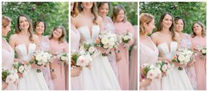 a bride and her bridesmaids who are wearing pink dresses holding their bouquets and smiling