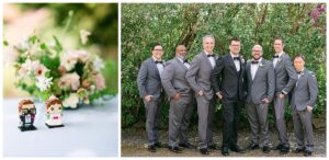 a groom and his groomsmen standing in a row in grey suits