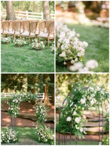 a wedding ceremony site in a garden with wooden chairs and white floral arrangements at chateau lill