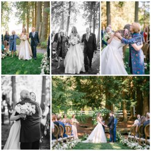 a bride walking down the aisle with her parents and hugging