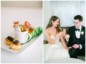 a bride and groom cheering their glasses and looking at each other