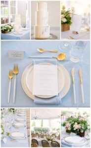 wedding reception tables with blue linens and gold silverware