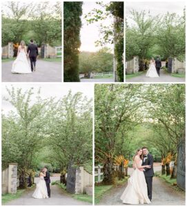 a bride and groom near some trees and a driveway at their wedding at chateau lill