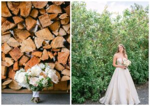 a bride holding her bouquet and looking away from the camera