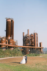 a bride and groom at gasworks park in seattle for their wedding photos