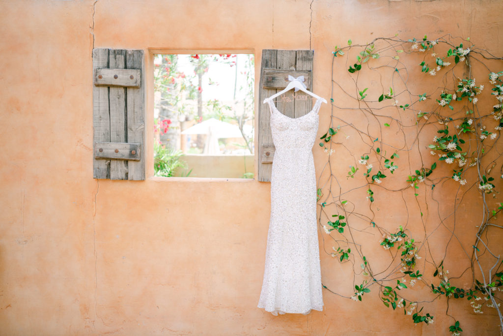brides dress hanging in front of a peach colored wall with ivy growing on it